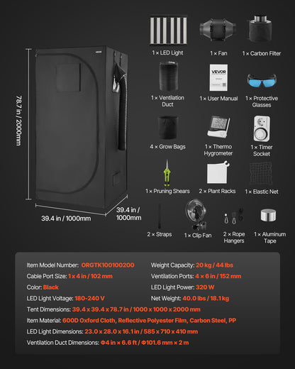 Inomhusväxttältkit, 100 x 100 x 200 cm, inomhusväxttält med fullspektrum LED-växtljus och ventilationssystem, 600D högreflekterande Mylar, odlingstält för blomstergrönsaker