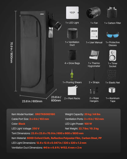 Inomhusväxttältkit, 60 x 60 x 180 cm, inomhusväxttält med fullspektrum LED-växtljus och ventilationssystem, 600D högreflekterande Mylar, odlingstält för blomstergrönsaker