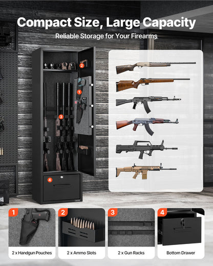 4 Gun Safe, Long Gun Cabinet for Rifles and Pistols, Quick Access Rifle Safe with 2 Ammo Slots, 2 Pistol Pockets & 2 Adjustable Racks, Large Digital Cabinet with Key and Password Lock