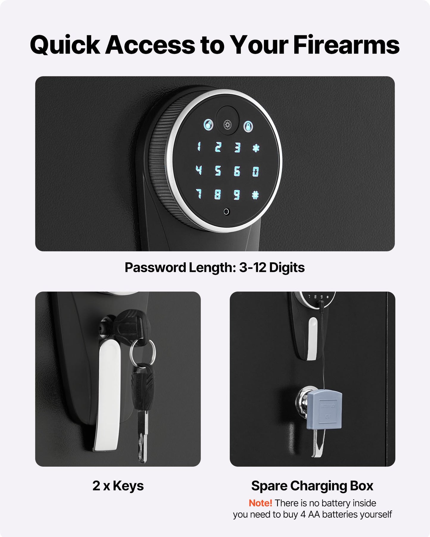 Skåp för 4 vapen, långt vapenskåp för gevär och pistoler, snabbtillgängligt gevärskåp med 2 ammunitionsfack, 2 pistolfickor och 2 justerbara ställ, stort digitalt skåp med nyckel- och lösenordslås