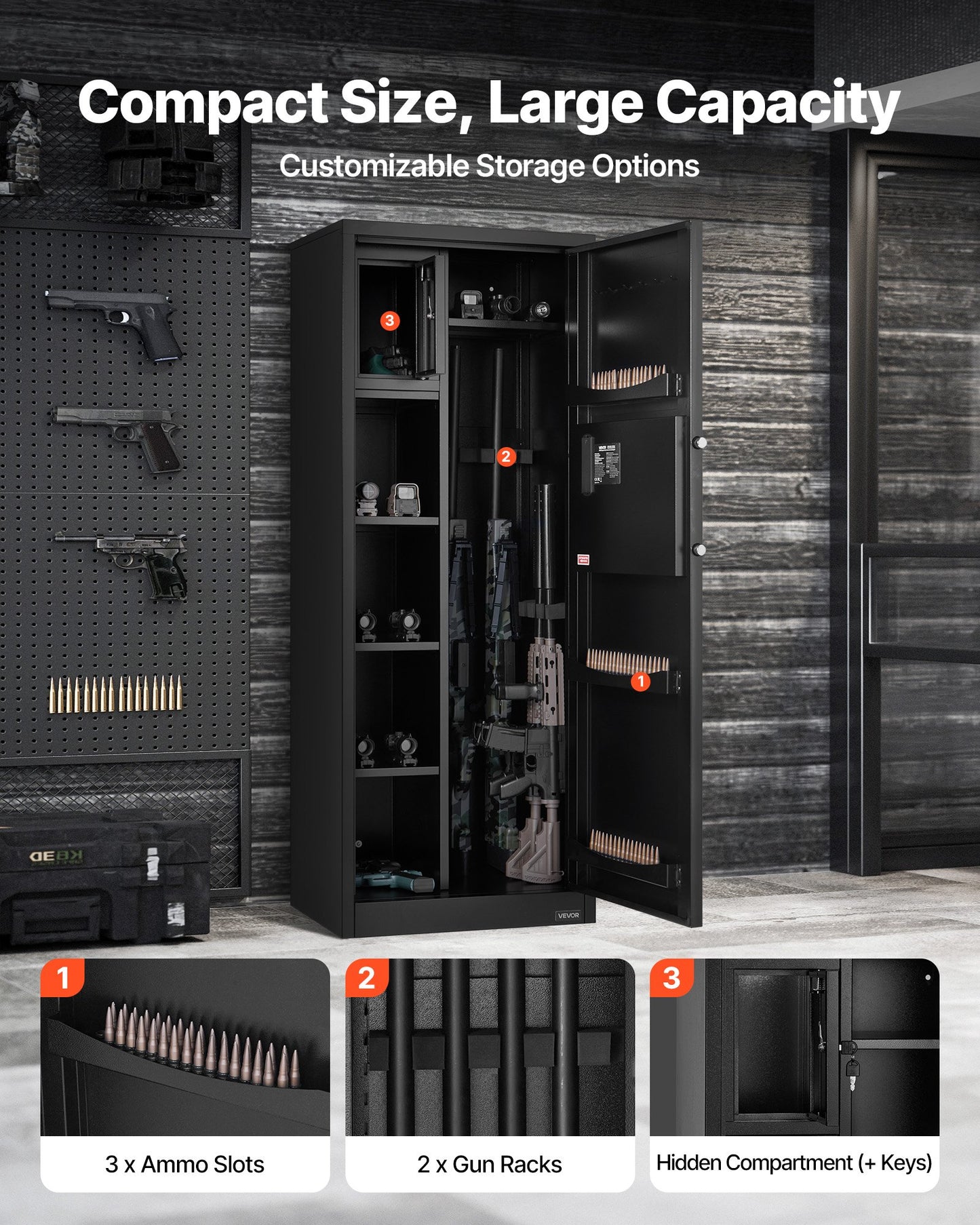 4 Gun Safe, Long Gun Cabinet for Rifles and Pistols, Quick Access Rifle Safe with 3 Ammo Slots and 2 Adjustable Racks, Large Digital Cabinet with Key and Password Lock