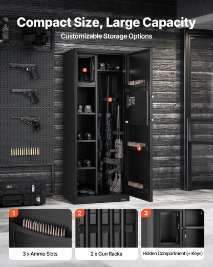 4 Gun Safe, Long Gun Cabinet for Rifles and Pistols, Quick Access Rifle Safe with 3 Ammo Slots and 2 Adjustable Racks, Large Digital Cabinet with Key and Password Lock