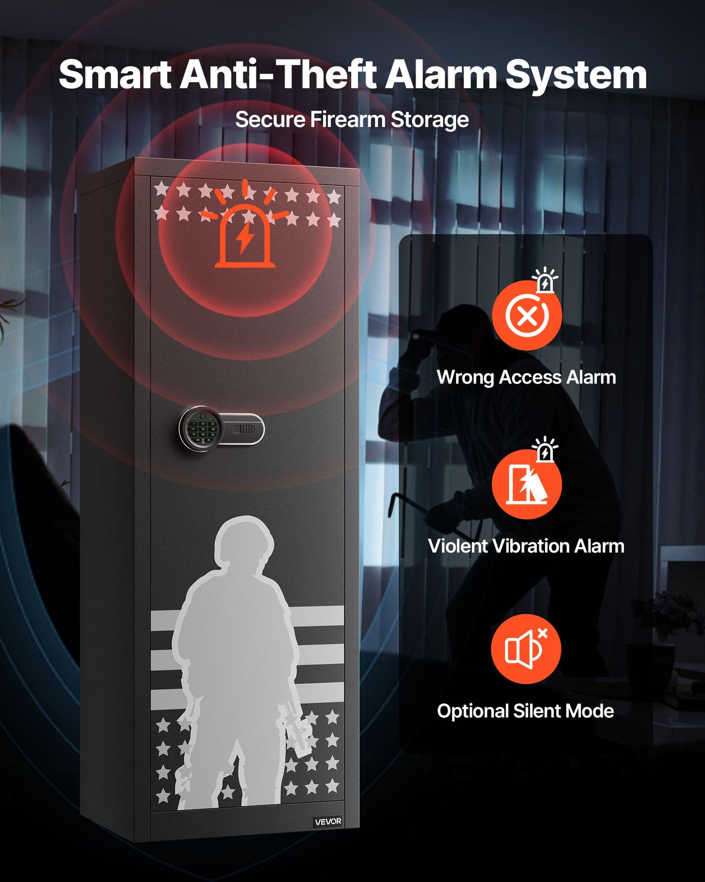 10-12 vapenskåp, långt vapenskåp för gevär och pistoler, snabbtillgängligt gevärskåp med 4 pistolfickor och 3 justerbara hyllor, stort digitalt skåp med nyckel- och lösenordslås