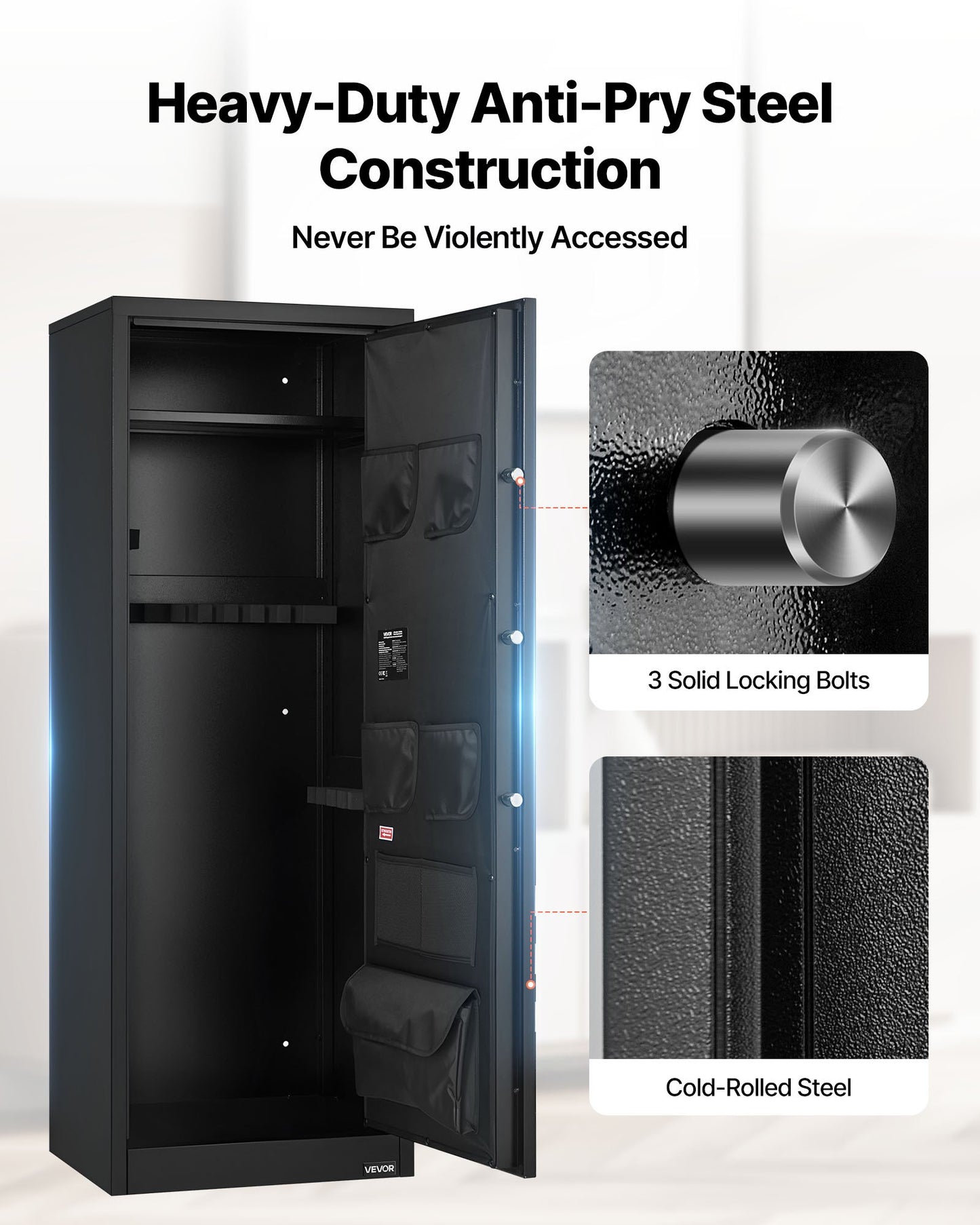 10-12 vapenskåp, långt vapenskåp för gevär och pistoler, snabbtillgängligt gevärskåp med 4 pistolfickor och 3 justerbara hyllor, stort digitalt skåp med nyckel- och lösenordslås