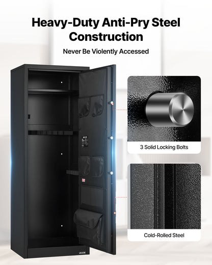 10-12 vapenskåp, långt vapenskåp för gevär och pistoler, snabbtillgängligt gevärskåp med 4 pistolfickor och 3 justerbara hyllor, stort digitalt skåp med nyckel- och lösenordslås