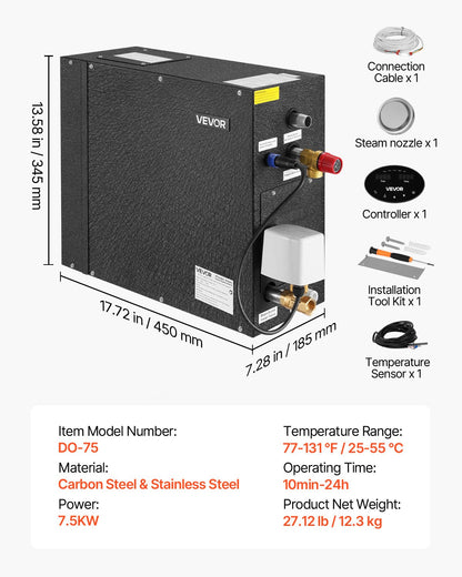 Steam Generator, 7.5 kW Steam Shower System with Controller for Home Sauna Bath Spa, Commercial Auto Drain Kit with Overheat, Dry-Run & Overpressure Protection, 10 Min to 24h Efficient, Black