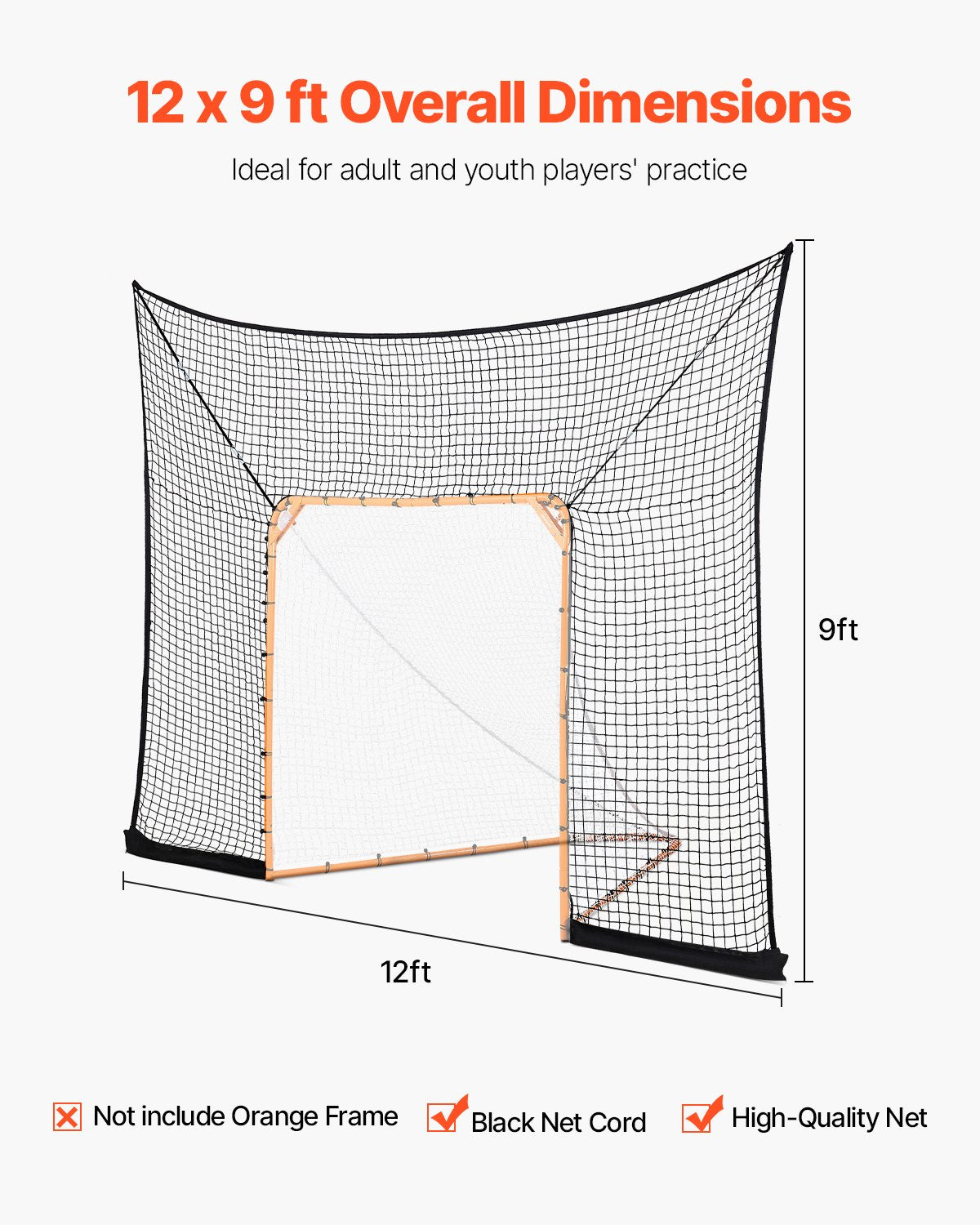 Hockey and Lacrosse Goal Backstop, 12x9 ft Lacrosse Net with Extended Coverage, Quick Easy Setup Complete Accessories Training Net, Backyard Lacrosse Equipment, for Youth Adult (NET ONLY)