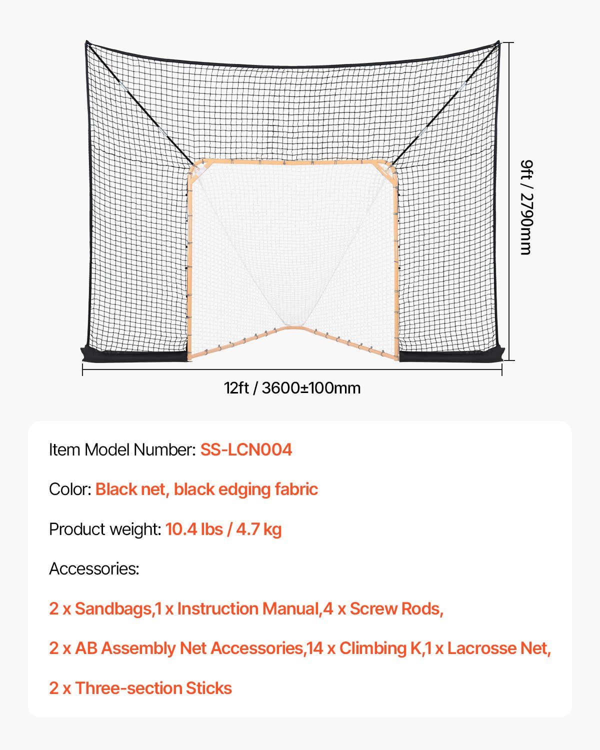 Hockey and Lacrosse Goal Backstop, 12x9 ft Lacrosse Net with Extended Coverage, Quick Easy Setup Complete Accessories Training Net, Backyard Lacrosse Equipment, for Youth Adult (NET ONLY)