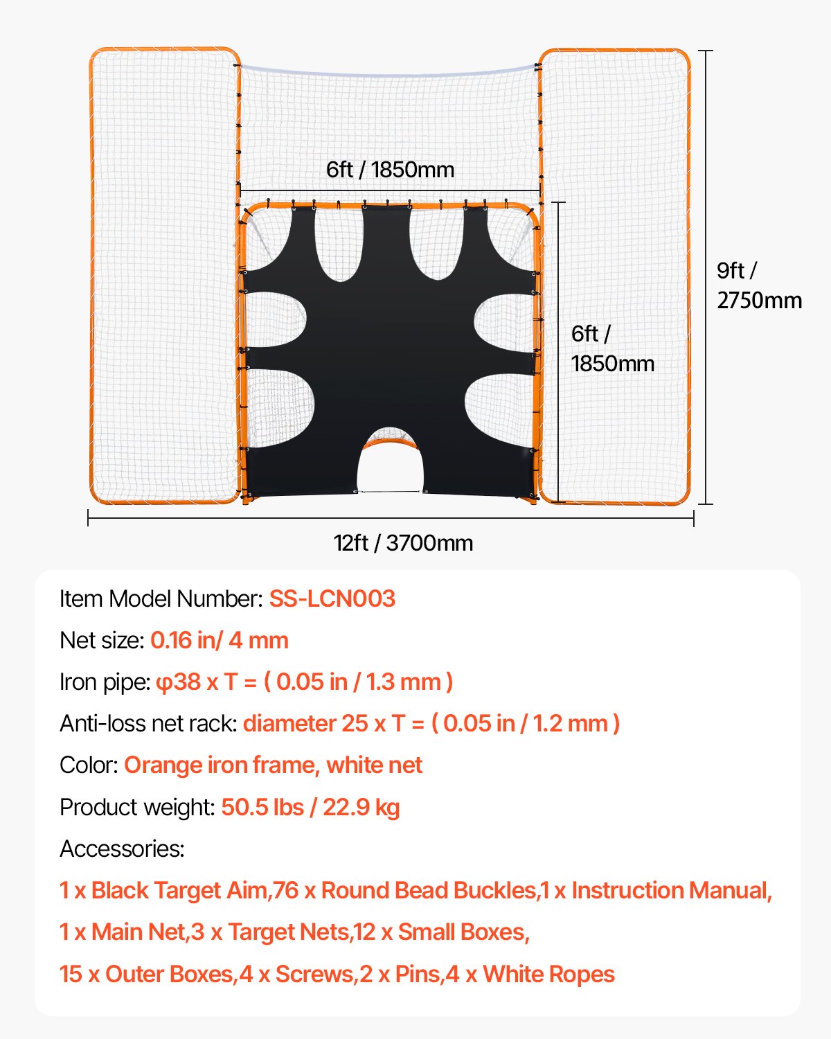 3-i-1 lacrossemål, 12x9 fot lacrossenät med stopp och måltavla, snabb och enkel uppsättning av rebounderutrustning för trädgården, träningsnät i stålram, lämplig för ungdoms- och vuxenträning, orange