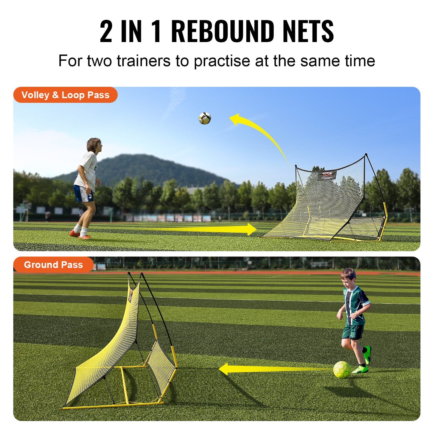 Soccer Trainer, 2-IN-1 Portable Soccer Rebounder Net, 182.9 x129.5 cm Iron Soccer Practice Equipment, Sports Football Rebounder Wall with Portable Bag, Perfect for Team Solo Training, Passing, Volley