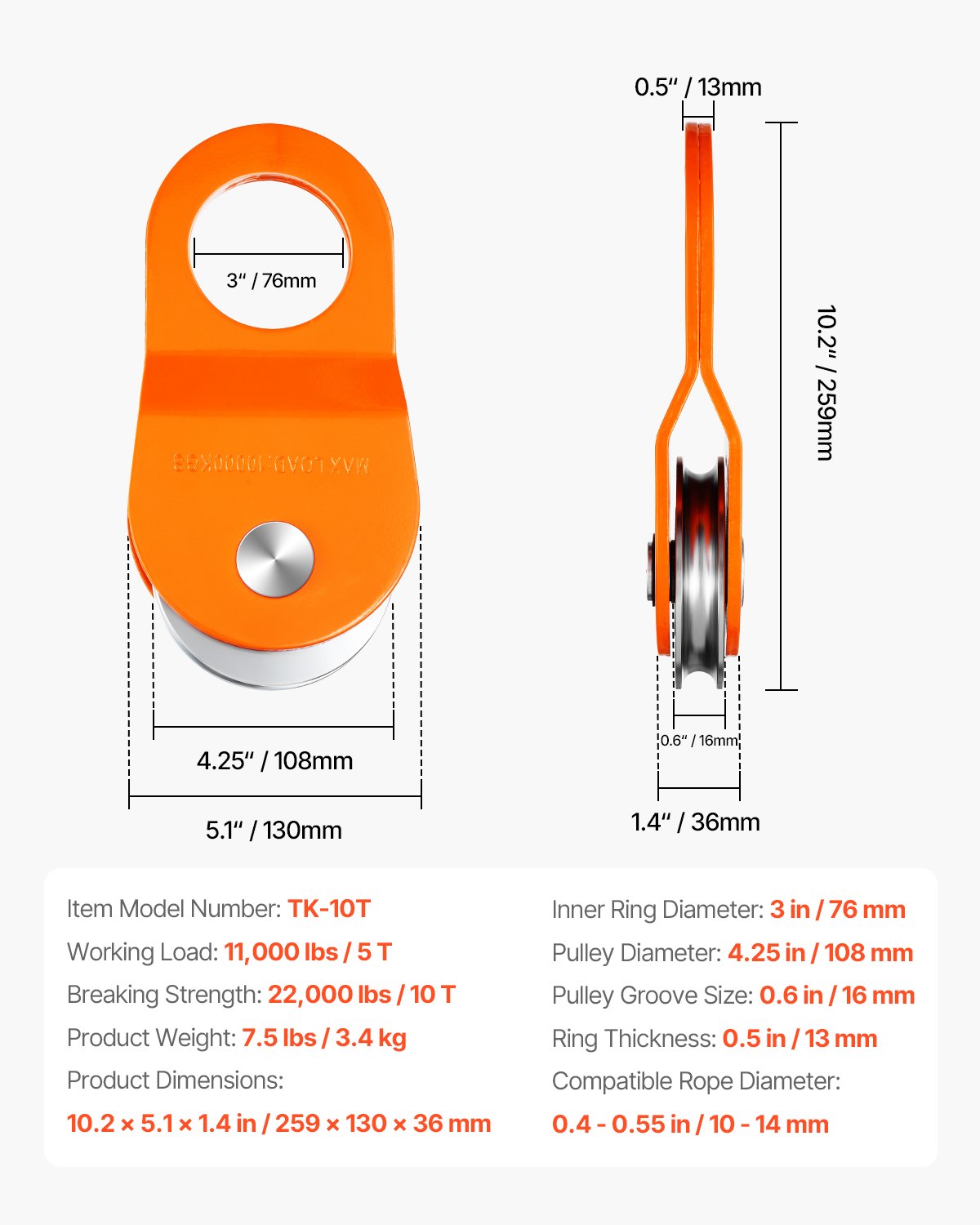 10 T Winch Snatch Block, 22,000 lbs Capacity Block and Tackle Pulley System, Work with 0.4" - 0.55" Rope, Winch Hook Accessories, Heavy Duty Offroad Recovery Accessory for Truck Tractor ATV UTV