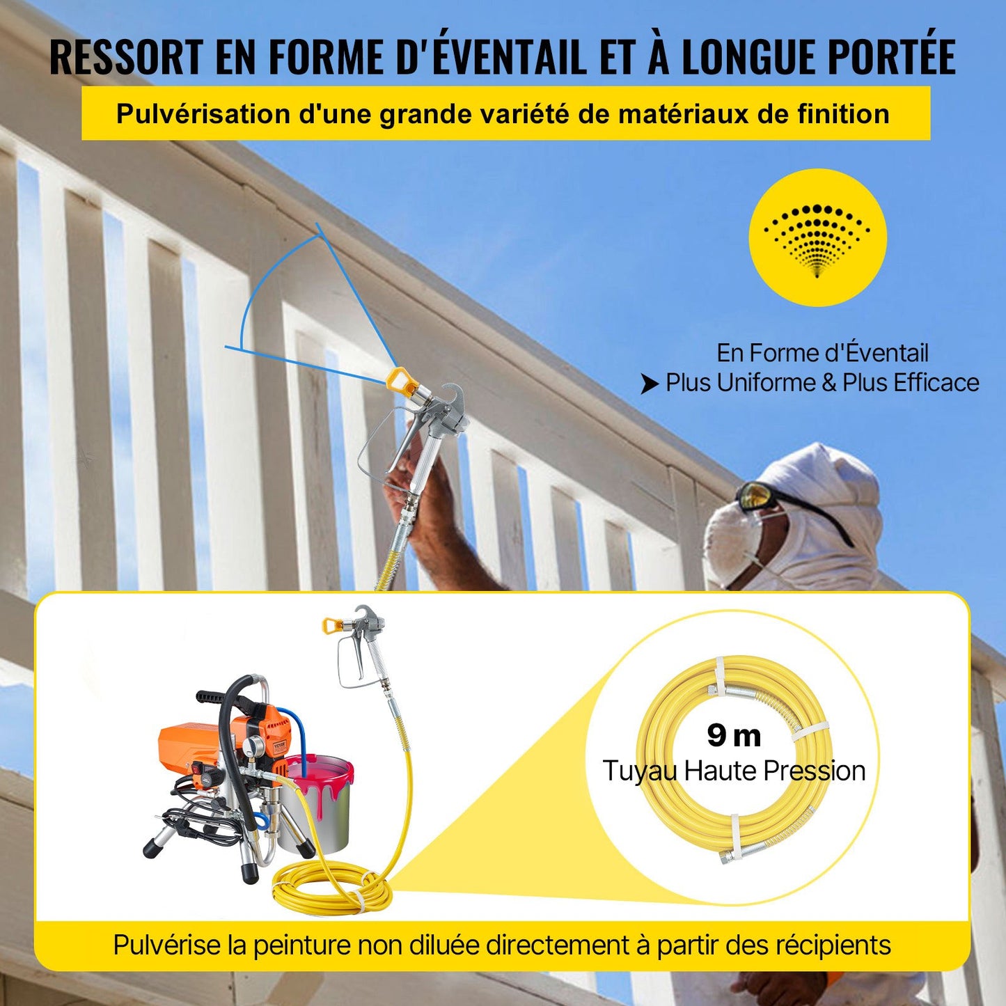 Airless Paint Sprayer with High Pressure Hose, 2200W Wall Paint Gun, 3000PSI 2L/min Brushless Motor Included, for Interior and Exterior Painting, Fence Accessories