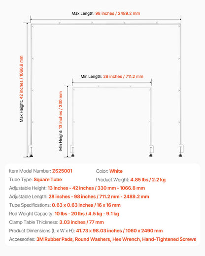 Over The Table Rod Stand with Clamps, 13"-42'' Tall & 28"-98" Length Adjustable, Metal Table Arch Stand, Tabletop Balloon Arch Frame for Wedding Birthday Party Christmas Decorations, White