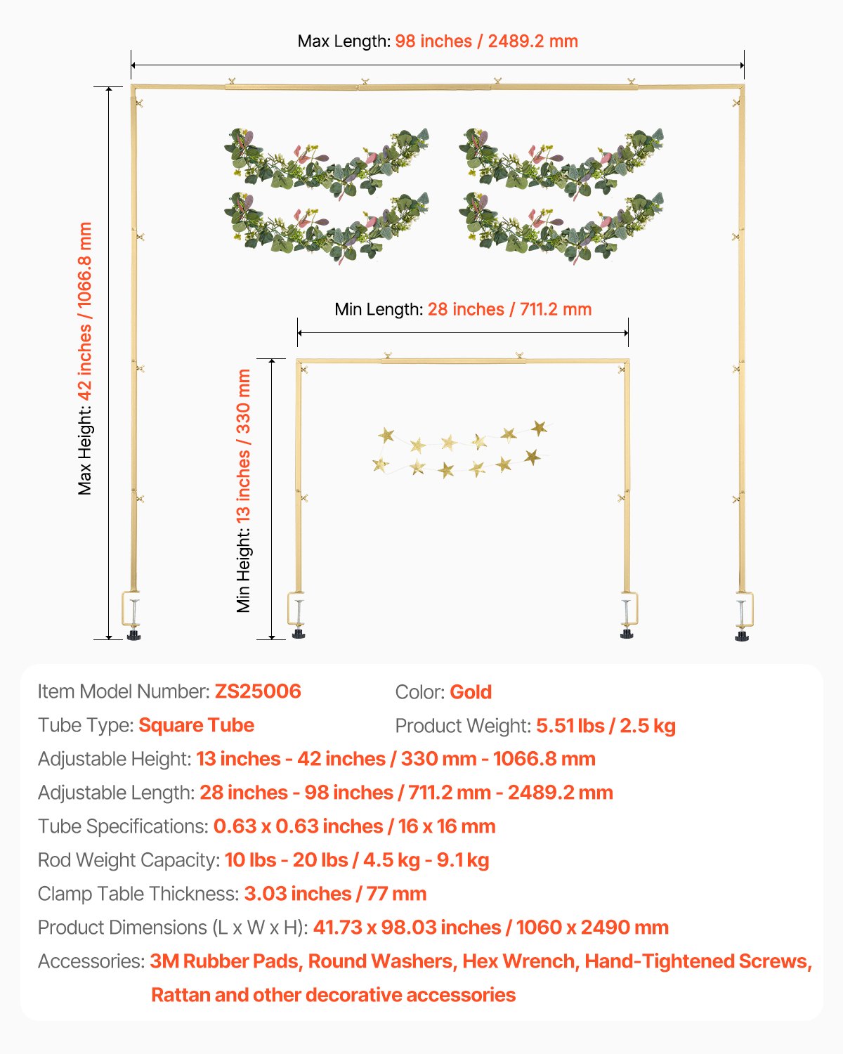 Stativ för bordsstänger med klämmor, 33-102 cm högt och 74-91 cm längdjusterbart, bordsstativ i metall med rotting, bordsram för ballongbåge för bröllop, födelsedag, juldekorationer, guld