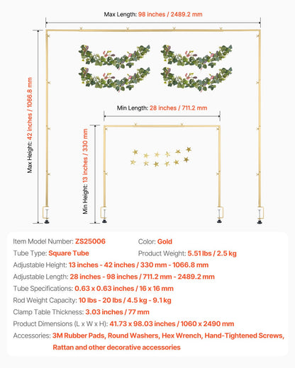 Stativ för bordsstänger med klämmor, 33-102 cm högt och 74-91 cm längdjusterbart, bordsstativ i metall med rotting, bordsram för ballongbåge för bröllop, födelsedag, juldekorationer, guld