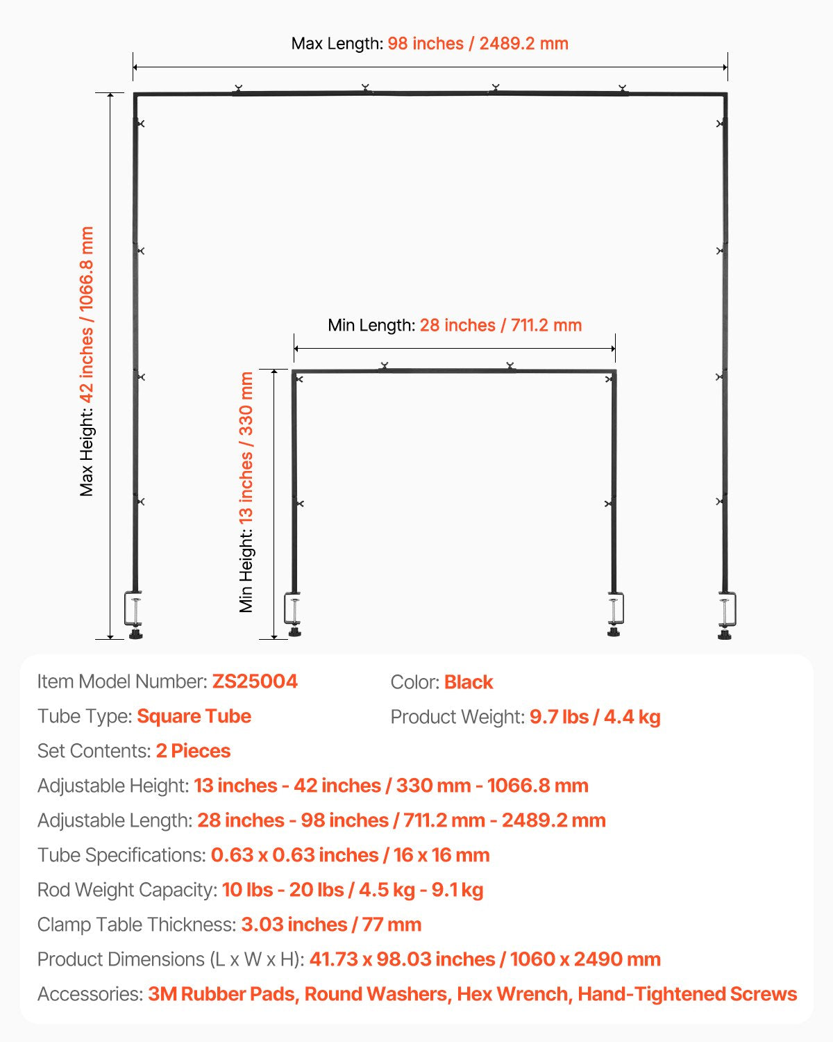 Over The Table Rod Stand with Clamps, 13"-42" Tall & 28"-98" Length Adjustable, 2 Packs Table Arch Stand, Tabletop Balloon Arch Frame for Wedding Birthday Party Christmas Decorations, Black