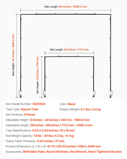 Over The Table Rod Stand with Clamps, 13"-42" Tall & 28"-98" Length Adjustable, 2 Packs Table Arch Stand, Tabletop Balloon Arch Frame for Wedding Birthday Party Christmas Decorations, Black