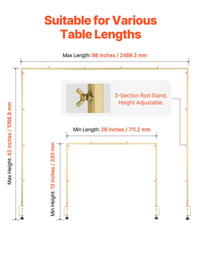 Over The Table Rod Stand with Clamps, 13"-42" Tall & 28"-98" Length Adjustable, 2 Packs Table Arch Stand, Tabletop Balloon Arch Frame for Wedding Birthday Party Christmas Decorations, Gold