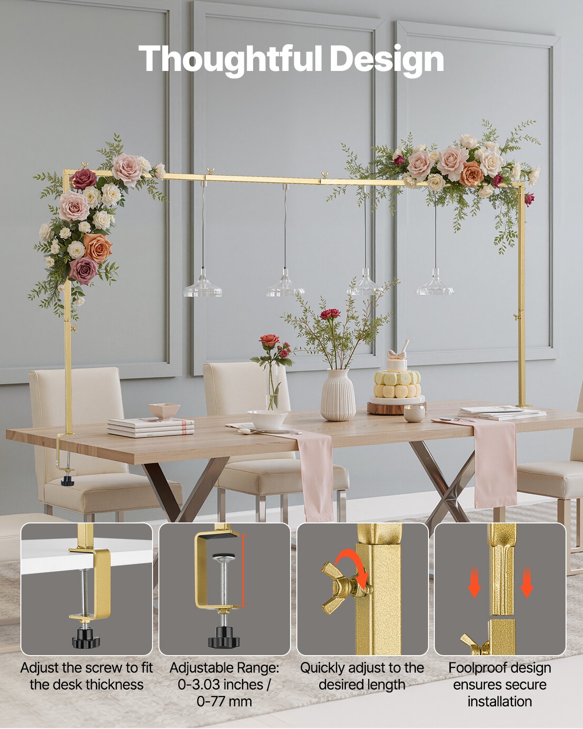 Over The Table Rod Stand with Clamps, 13"-42" Tall & 28"-98" Length Adjustable, 2 Packs Table Arch Stand, Tabletop Balloon Arch Frame for Wedding Birthday Party Christmas Decorations, Gold