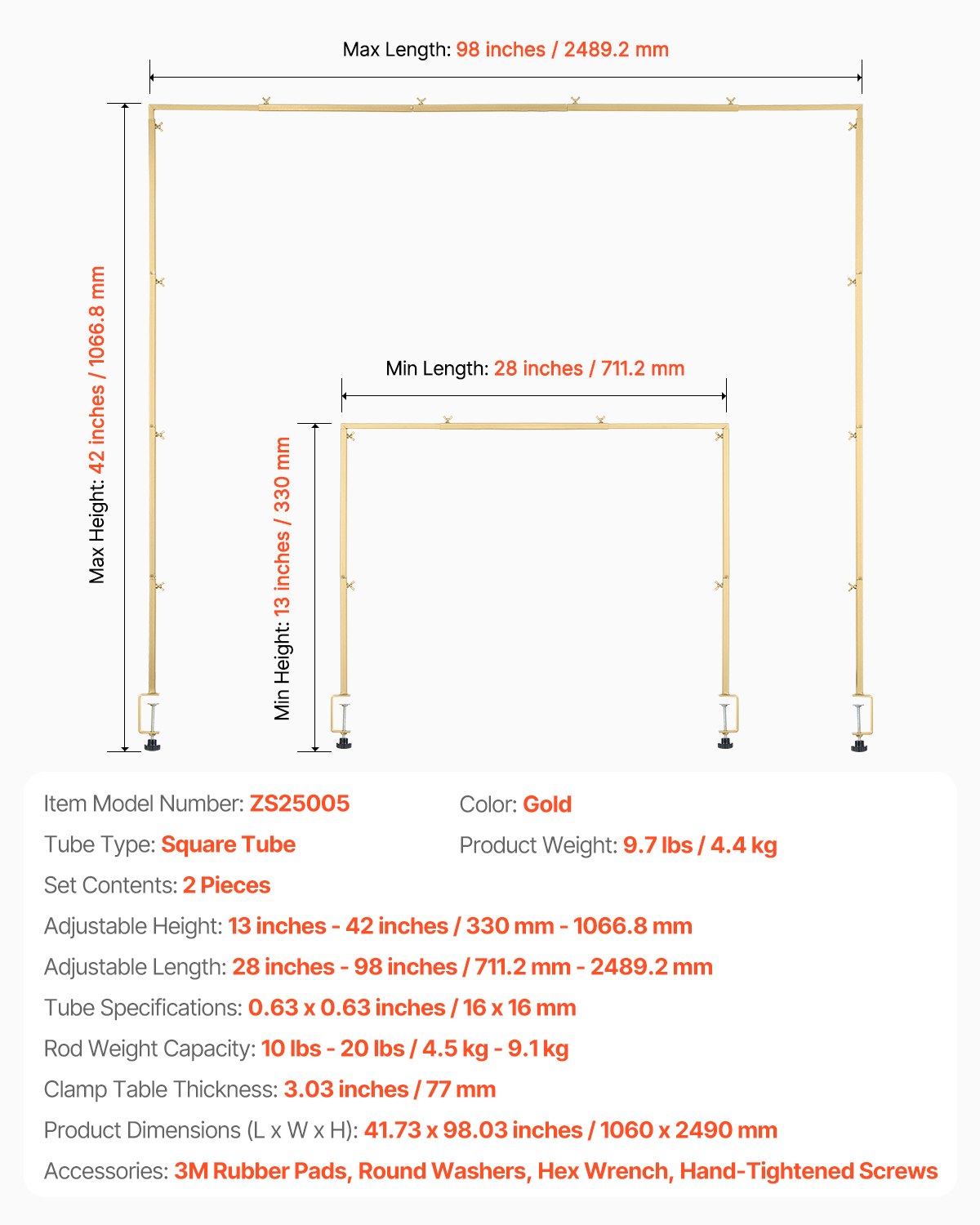 Over The Table Rod Stand with Clamps, 13"-42" Tall & 28"-98" Length Adjustable, 2 Packs Table Arch Stand, Tabletop Balloon Arch Frame for Wedding Birthday Party Christmas Decorations, Gold