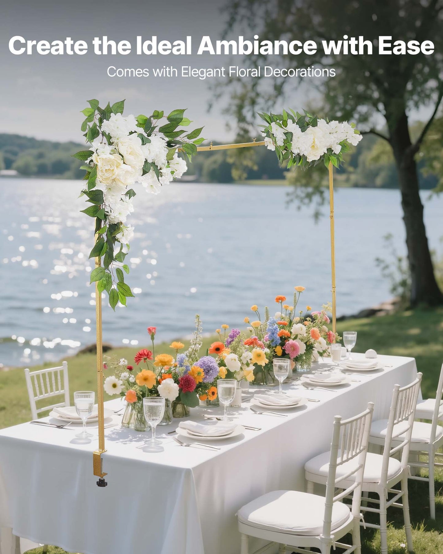 Over the Table Rod Stand with Clamps, Adjustable 71-249 cm Length & 33-106 cm Height, Table Arch Stand with Floral Accessories, Gold Balloon Frame for Wedding Birthday Party Christmas Decoration