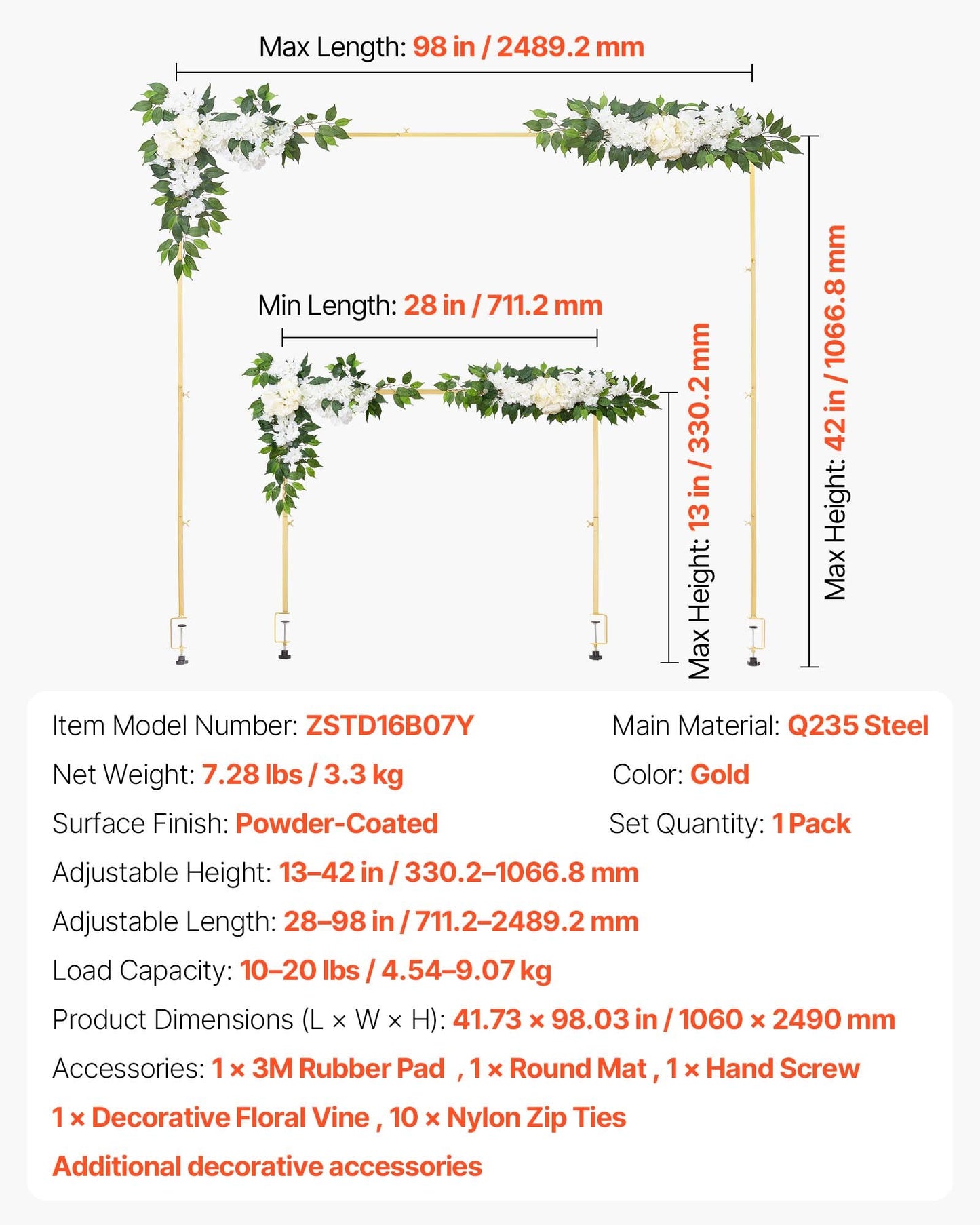 Over the Table Rod Stand with Clamps, Adjustable 71-249 cm Length & 33-106 cm Height, Table Arch Stand with Floral Accessories, Gold Balloon Frame for Wedding Birthday Party Christmas Decoration