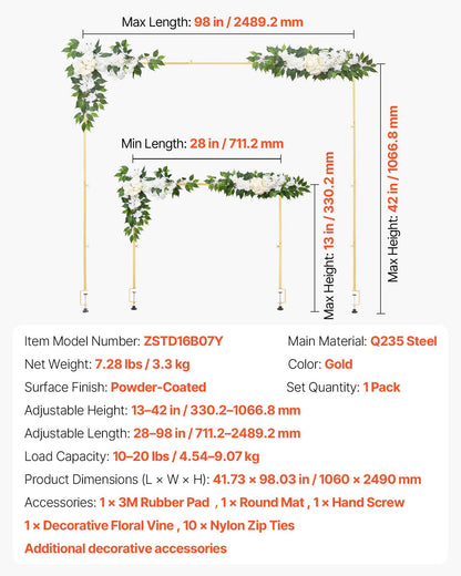 Over the Table Rod Stand with Clamps, Adjustable 71-249 cm Length & 33-106 cm Height, Table Arch Stand with Floral Accessories, Gold Balloon Frame for Wedding Birthday Party Christmas Decoration