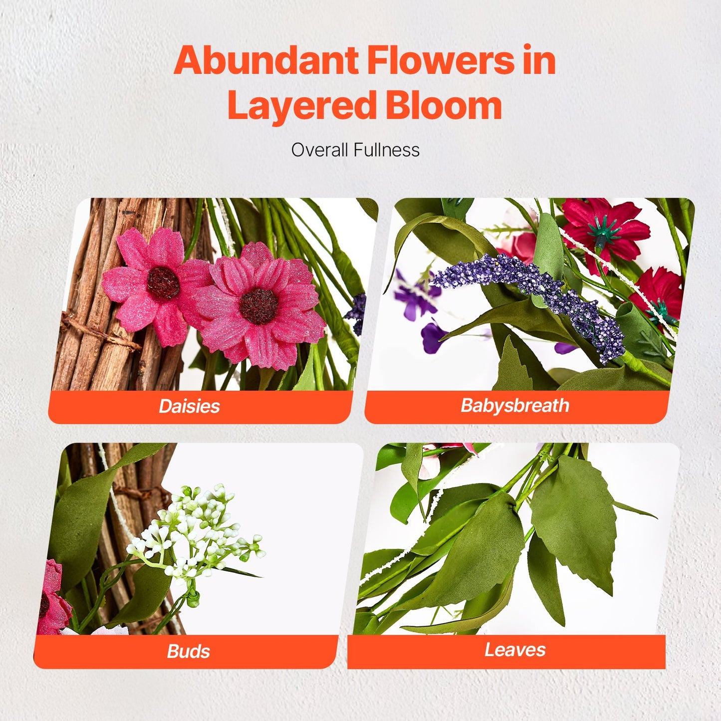 Artificial Decorative Wreath, 22 in, Pink Green, Decorated with Daisies, Babysbreath, Buds, Year Round Wreath for All Seasons Indoor and Outdoor Home Wall Window Festival Wedding Decorations