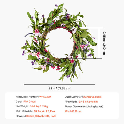 Artificial Decorative Wreath, 22 in, Pink Green, Decorated with Daisies, Babysbreath, Buds, Year Round Wreath for All Seasons Indoor and Outdoor Home Wall Window Festival Wedding Decorations