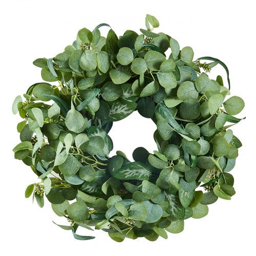 Artificial Decorative Wreath, 26 in, Green, Decorated with Eucalyptus Leaves, Berries, Thorny Stems, Year Round Wreath for All Seasons Indoor and Outdoor Home Wall Window Festival Decorations
