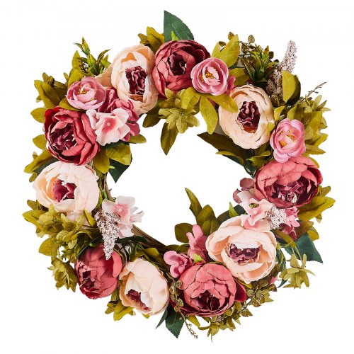 Artificial Decorative Wreath, 19 in, Pink, Decorated with Peonies, Hydrangeas, Babysbreath, Year Round Wreath for All Seasons Indoor and Outdoor Home Wall Window Festival Wedding Decorations