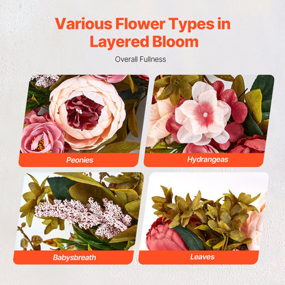 Konstgjord dekorativ krans, 45 cm, rosa, dekorerad med pioner, hortensior, babysbreath, året runt-krans för alla årstider inomhus och utomhus hem vägg fönster festival bröllopsdekorationer