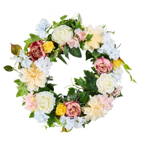 Artificial Decorative Wreath, 24 in, White Pink Yellow, Decorated with Peonies, Hydrangeas, Year Round Wreath for All Seasons Indoor and Outdoor Home Wall Window Festival Wedding Decorations