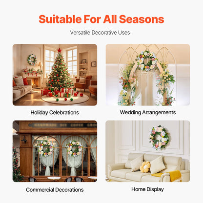 Artificial Decorative Wreath, 24 in, White Pink Yellow, Decorated with Peonies, Hydrangeas, Year Round Wreath for All Seasons Indoor and Outdoor Home Wall Window Festival Wedding Decorations