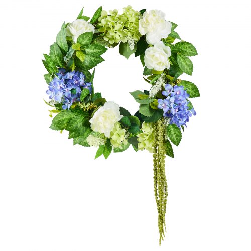 Artificial Decorative Wreath, 23 in, Blue White Green, Decorated with Hydrangeas, Roses, Berries, Vines, Year Round Wreath for All Seasons Indoor and Outdoor Home Wall Window Festival Decor