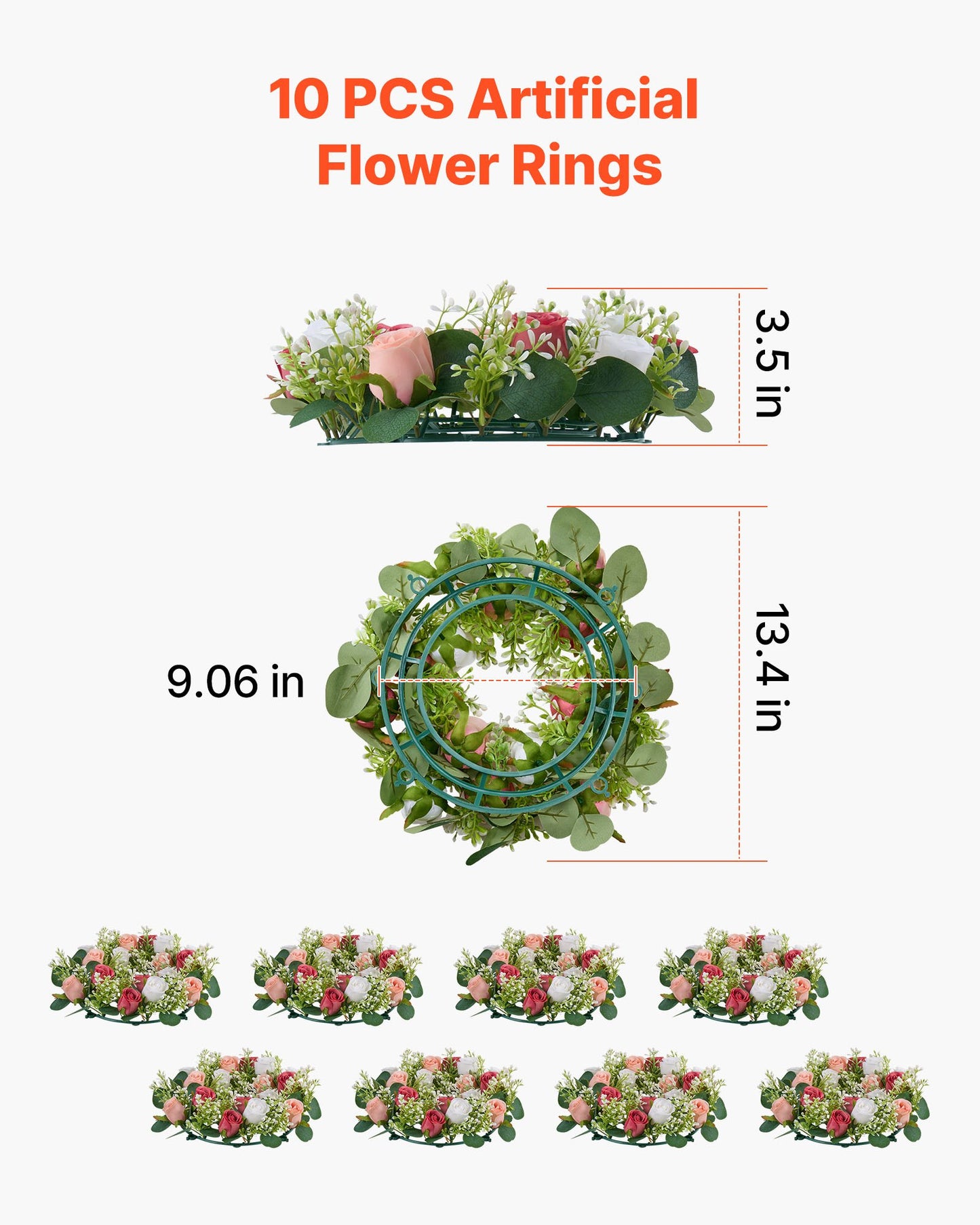 Konstgjord roskrans, 340 mm diameter konstgjord blomkrans med rosa och vita rosor, blomsterarrangemang mittpunkt för alla hjärtans dag, mors dag, fest, bröllop och heminredning, 10 st