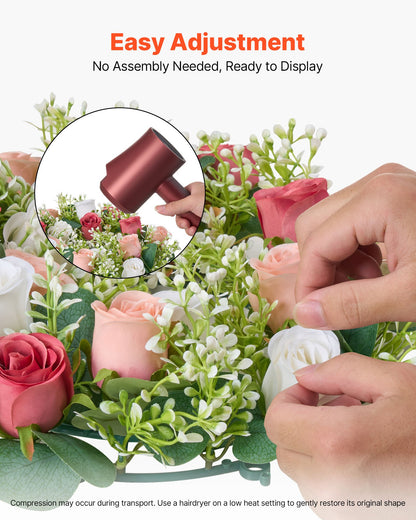 Konstgjord roskrans, 340 mm diameter konstgjord blomkrans med rosa och vita rosor, blomsterarrangemang mittpunkt för alla hjärtans dag, mors dag, fest, bröllop och heminredning, 10 st