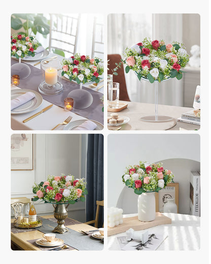 Konstgjord roskrans, 340 mm diameter konstgjord blomkrans med rosa och vita rosor, blomsterarrangemang mittpunkt för alla hjärtans dag, mors dag, fest, bröllop och heminredning, 10 st