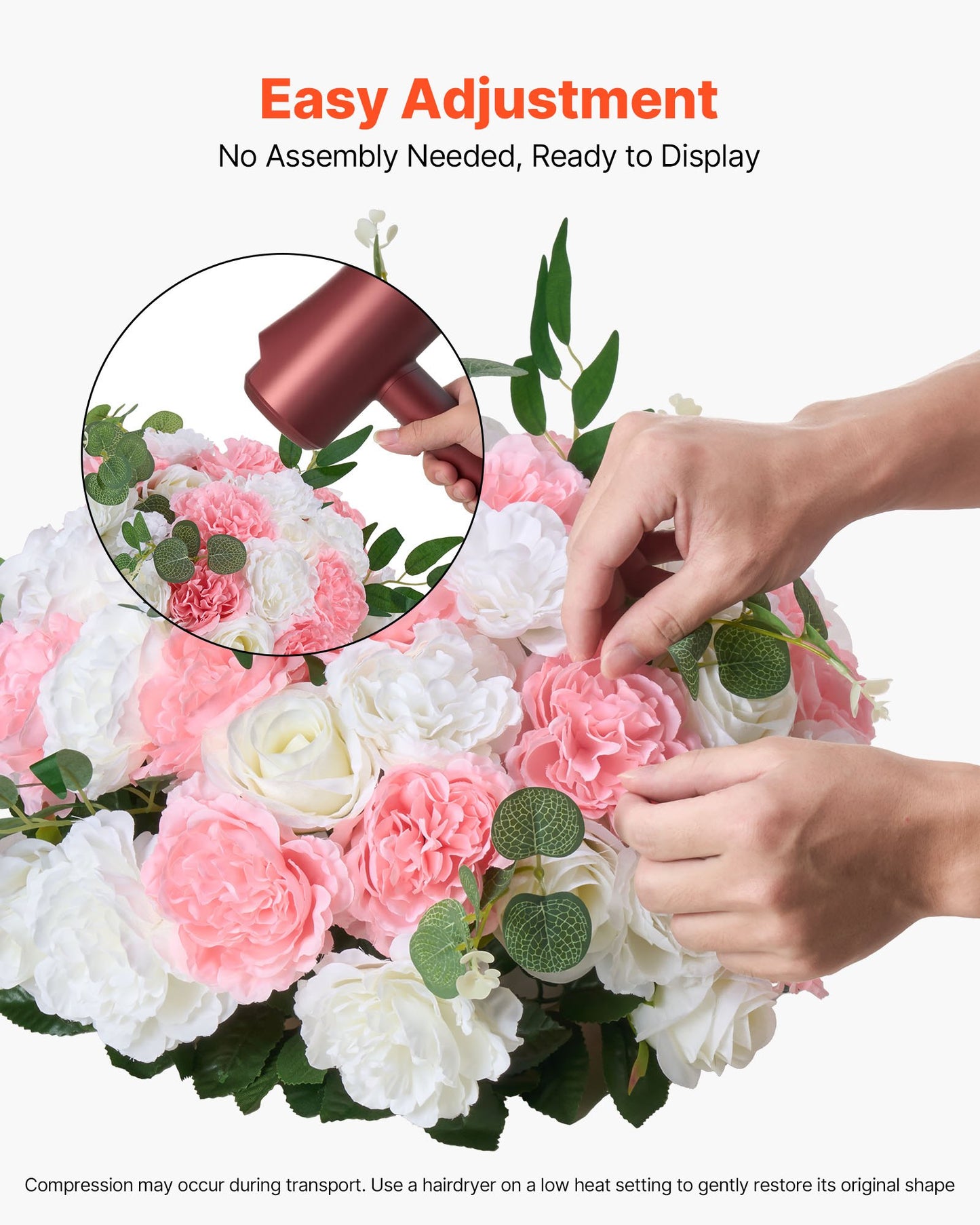 Blombollsarrangemang Bukett 10 st, 450 mm diameter Konstgjorda blombollar Bröllopsbordsdekorationer, Rosarrangemang för bröllopsbordsdekorationer Heminredning, Rosa och vita rosor