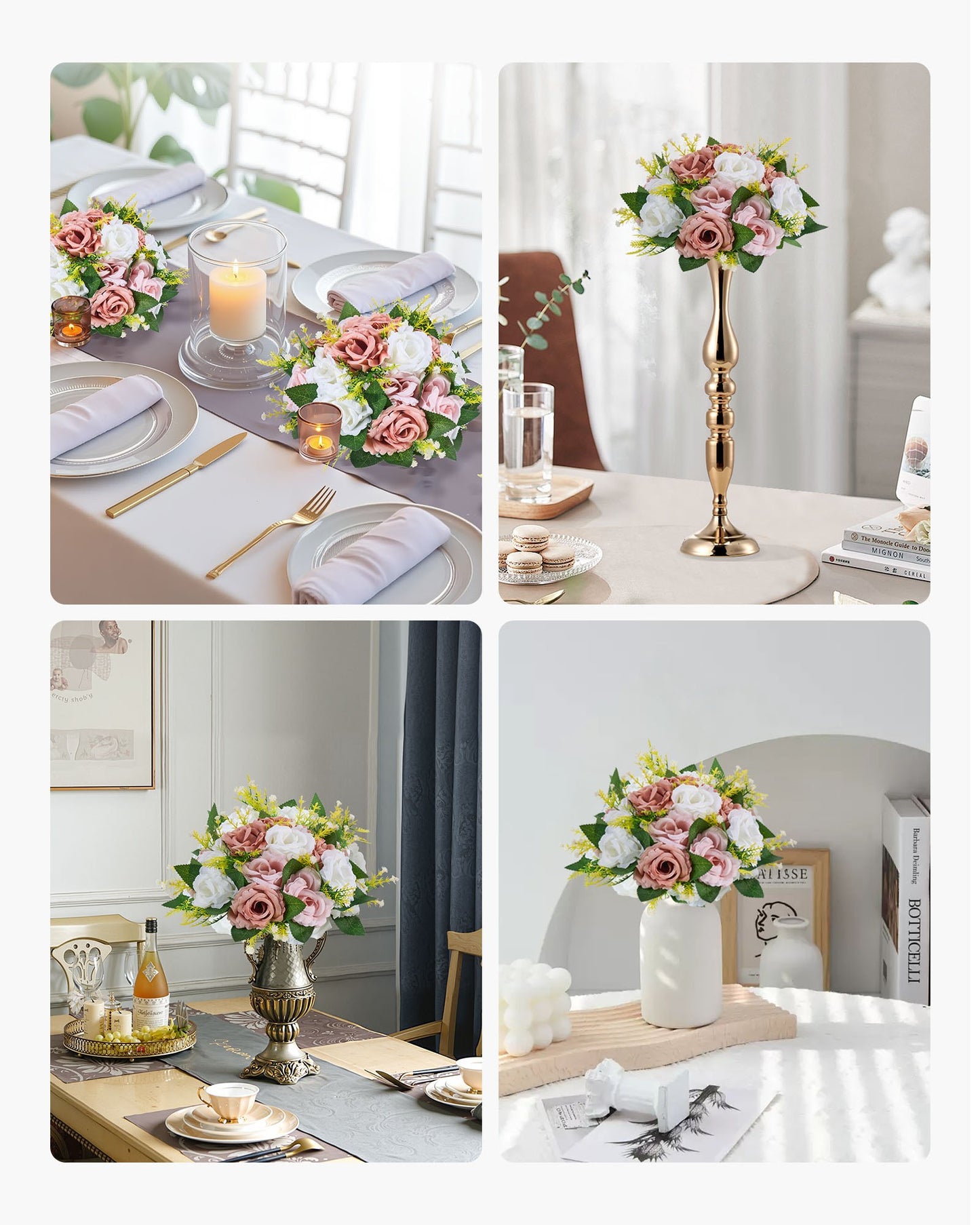 Blombollsarrangemang Bukett 10 st, 240 mm diameter Konstgjorda blombollar Bröllopsbordsdekorationer, Konstgjorda rosenarrangemang för bröllopsbordsdekoration Hemdekoration, Rosa och vita rosor