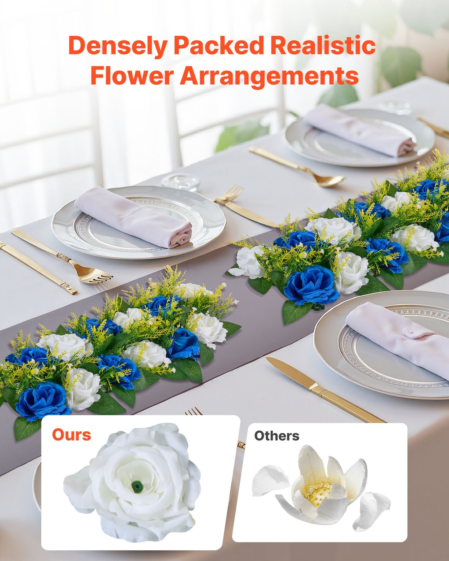 Blombollsarrangemang Bukett 10 st, 500 x 220 mm Konstgjorda Blombollar Bröllopsbordsdekorationer, Konstgjorda Rosenarrangemang för Bröllopsbordsdekoration Hemdekoration, Blå och vita rosor