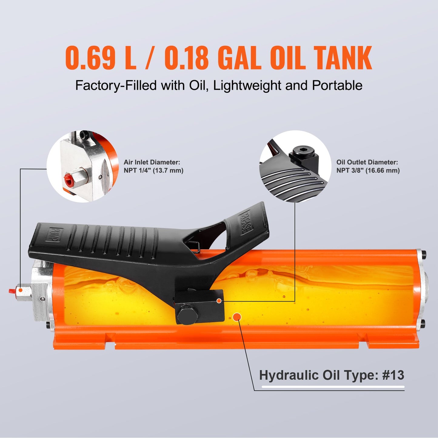689 bar (10 000 PSI) lufthydraulisk pump, 0,7 l (0,18 gal) behållare, NPT 9,5 mm (3/8 tum) oljeutlopp, NPT 6,4 mm (1/4 tum) inlopp, luftdriven fotpedalpump med metallhölje, för precisionsmaskiner och flyg- och rymdutrustning