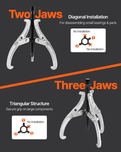 Gear Puller Set, 76.2 mm/101.6 mm/152.4 mm/203.2 mm 3 Jaw Bearing Puller with Reversible Jaws, 2 Jaw/3 Jaw Pulley Puller, 4 PCS Bearing Puller Tool Kit for Pulley Gear Bearing Flywheel Removal