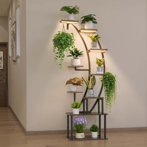 Plant Stand Indoor with Grow Lights, 160cm Tall 9-Tier Lighted Plant Shelf, Metal Corner Plants Holder, 3 Timer & 10 Brightness, Curve-Shaped Flower Display Rack for Living Room Balcony Decor