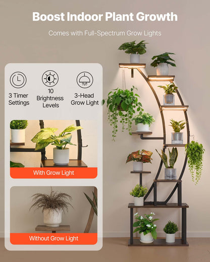 Plant Stand Indoor with Grow Lights, 160cm Tall 9-Tier Lighted Plant Shelf, Metal Corner Plants Holder, 3 Timer & 10 Brightness, Curve-Shaped Flower Display Rack for Living Room Balcony Decor