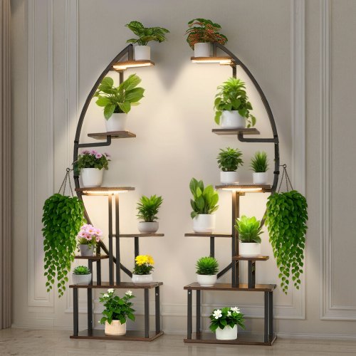 Plant Stand Indoor with Grow Lights, 166.5cm Tall 7-Tiered Lighted Plant Shelf, 2 Pack Metal Corner Plants Holder, 3 Timer & 10 Brightness, Half-Moon Shaped Flower Display Rack for Living Room