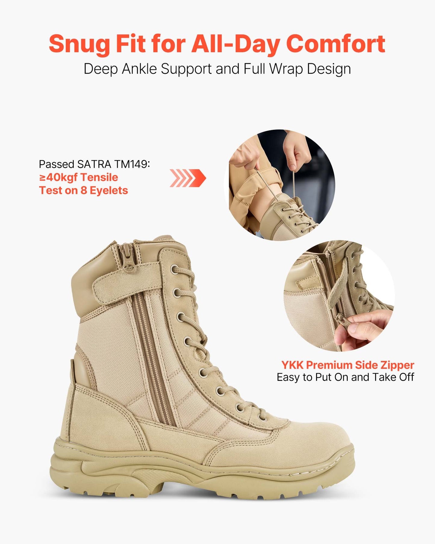 Men's Military Tactical Boots, 203 mm Combat Hiking Work Boots, Lightweight & Breathable Side Zipper Motorcycle Interceptor Trooper Boot, for Outdoor Security, UK Size 10 Sand-colored