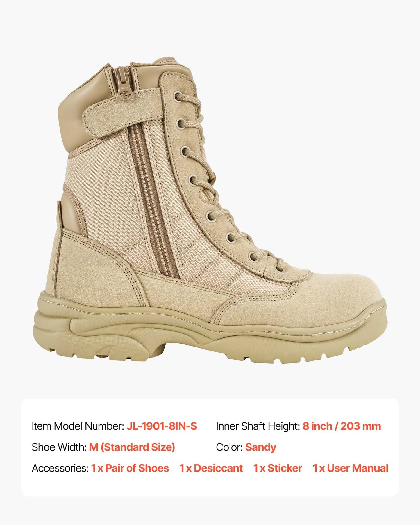 Men's Military Tactical Boots, 203 mm Combat Hiking Work Boots, Lightweight & Breathable Side Zipper Motorcycle Interceptor Trooper Boot, for Outdoor Security, UK Size 8 Sand-colored