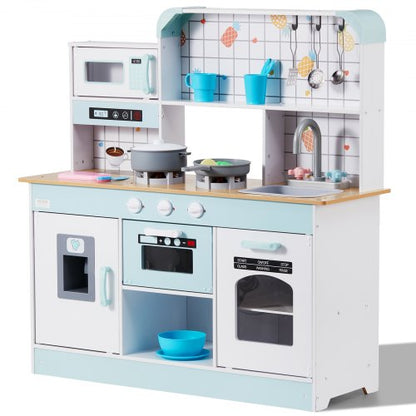 Play Kitchen for Kids, Wooden Toy Kitchen Set with Lights and Sounds, Toddler Kitchen with Ice Maker, Oven, Sink, Microwaves, Fridge and Utensil and Fruit Accessory for Toddlers, White