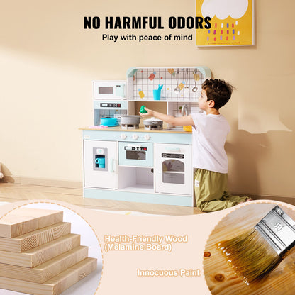 Play Kitchen for Kids, Wooden Toy Kitchen Set with Lights and Sounds, Toddler Kitchen with Ice Maker, Oven, Sink, Microwaves, Fridge and Utensil and Fruit Accessory for Toddlers, White